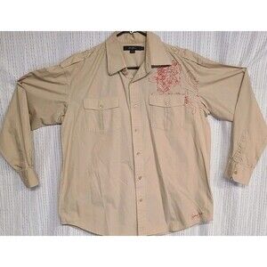 Sean John Long Sleeve Shirt Button Up sz XL Khaki Red Embroidery Pockets